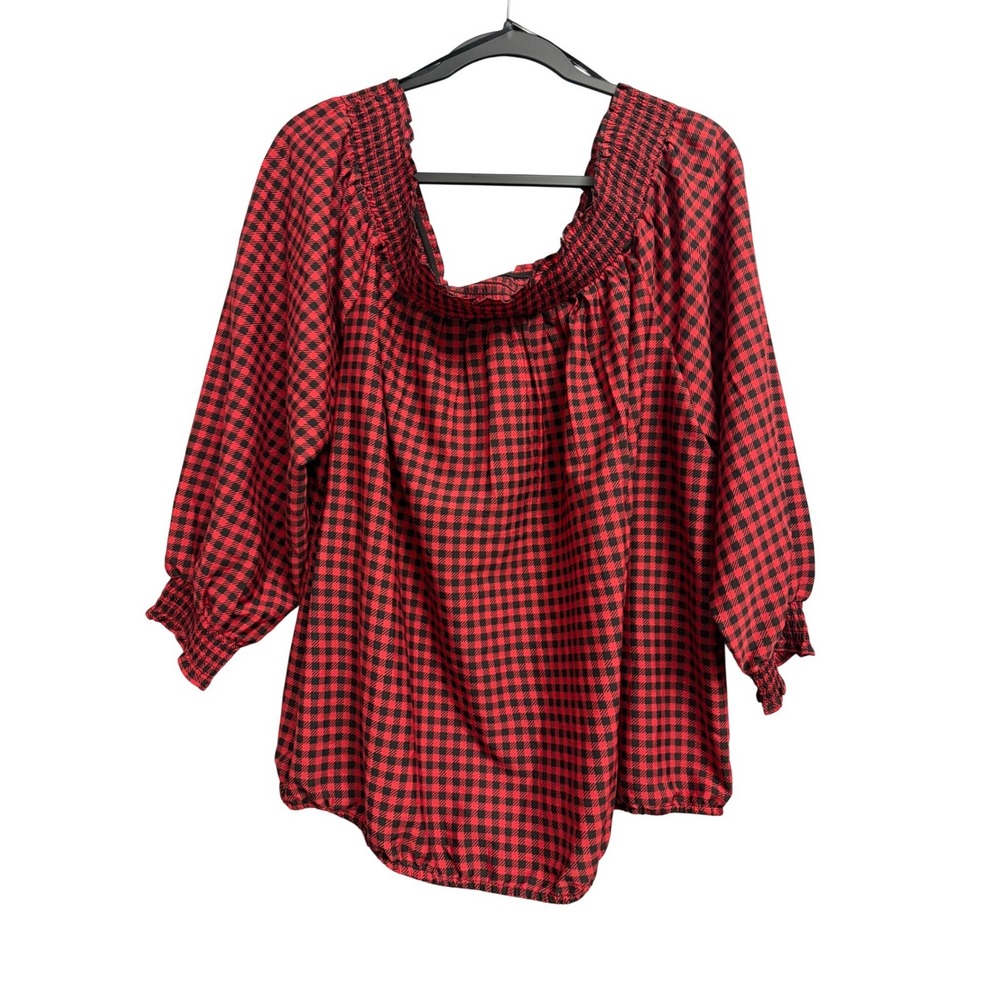 Maurices Womens 2X Red Black Gingham Smocked Off Shoulder Blouse Bubble Hem New